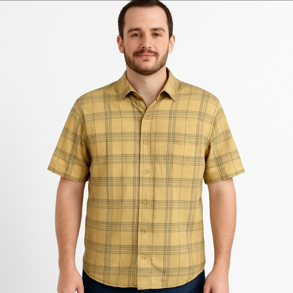 Eddie Bauer Yellow Plaid Button Down Mens Cotton Shirt Size XL